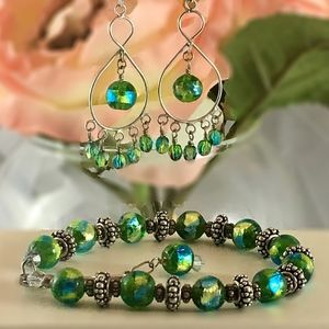 Blue-Green Glass Bead Chandelier Earrings/Bracelet